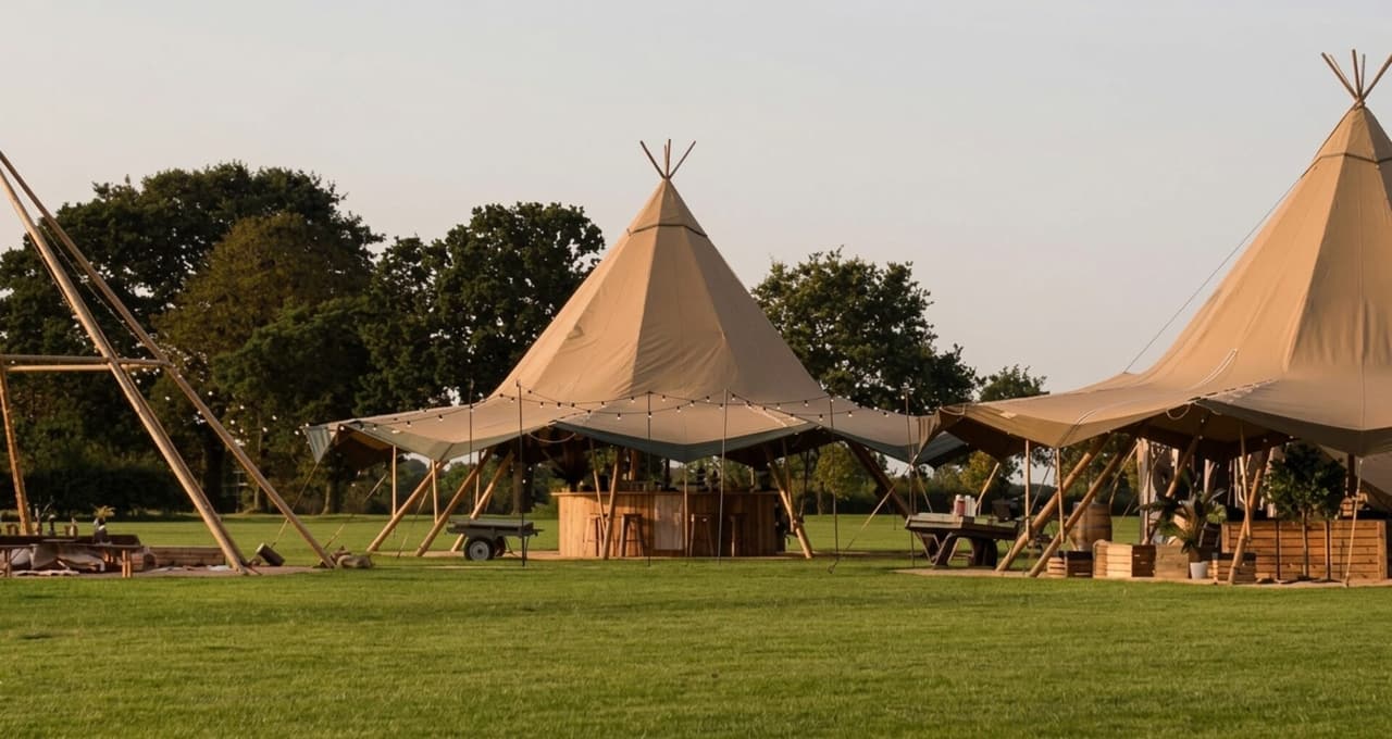 Twee tipitenten met stretchtent verbinding bij zonsondergang op een grasveld